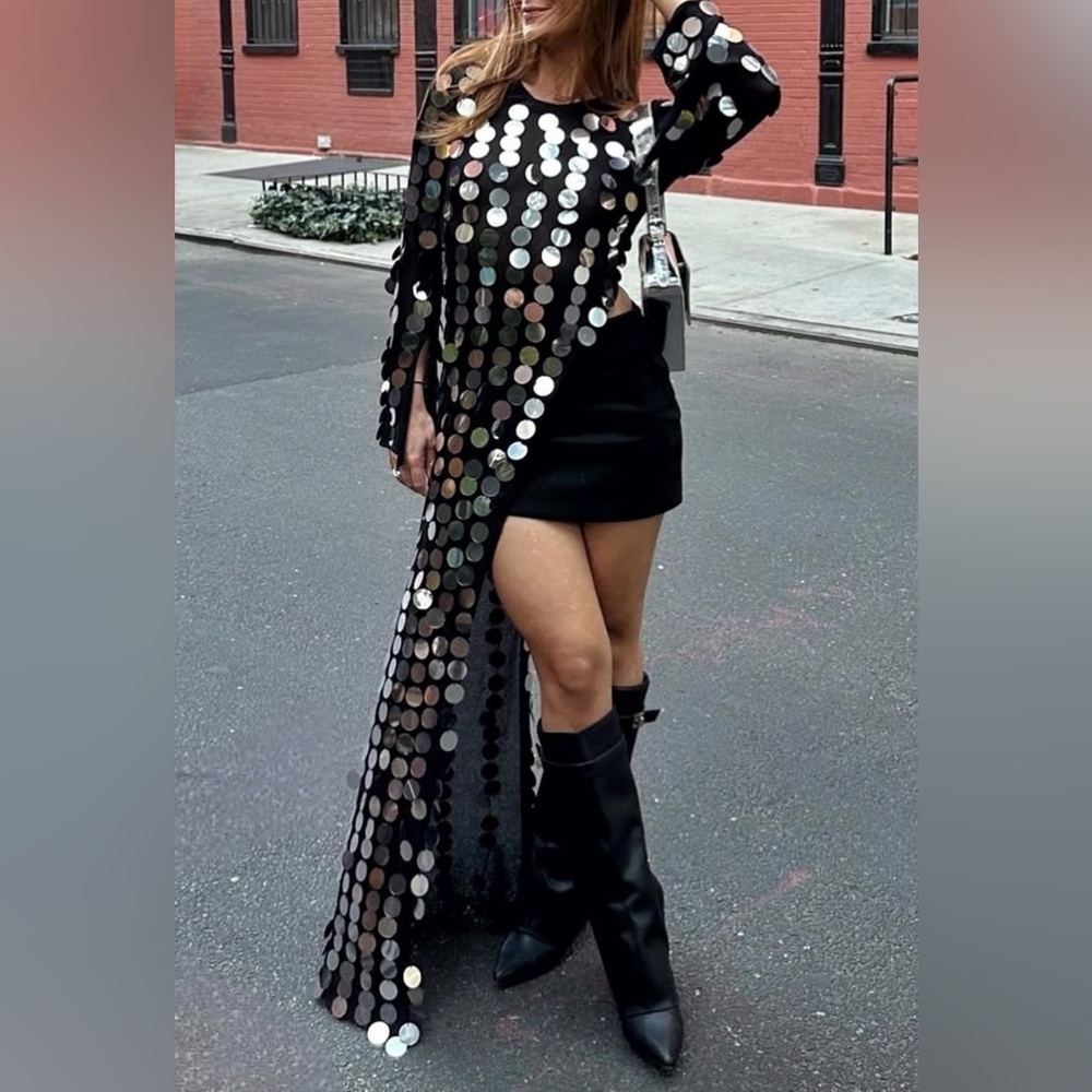 Black Sequin Long Sleeve Top